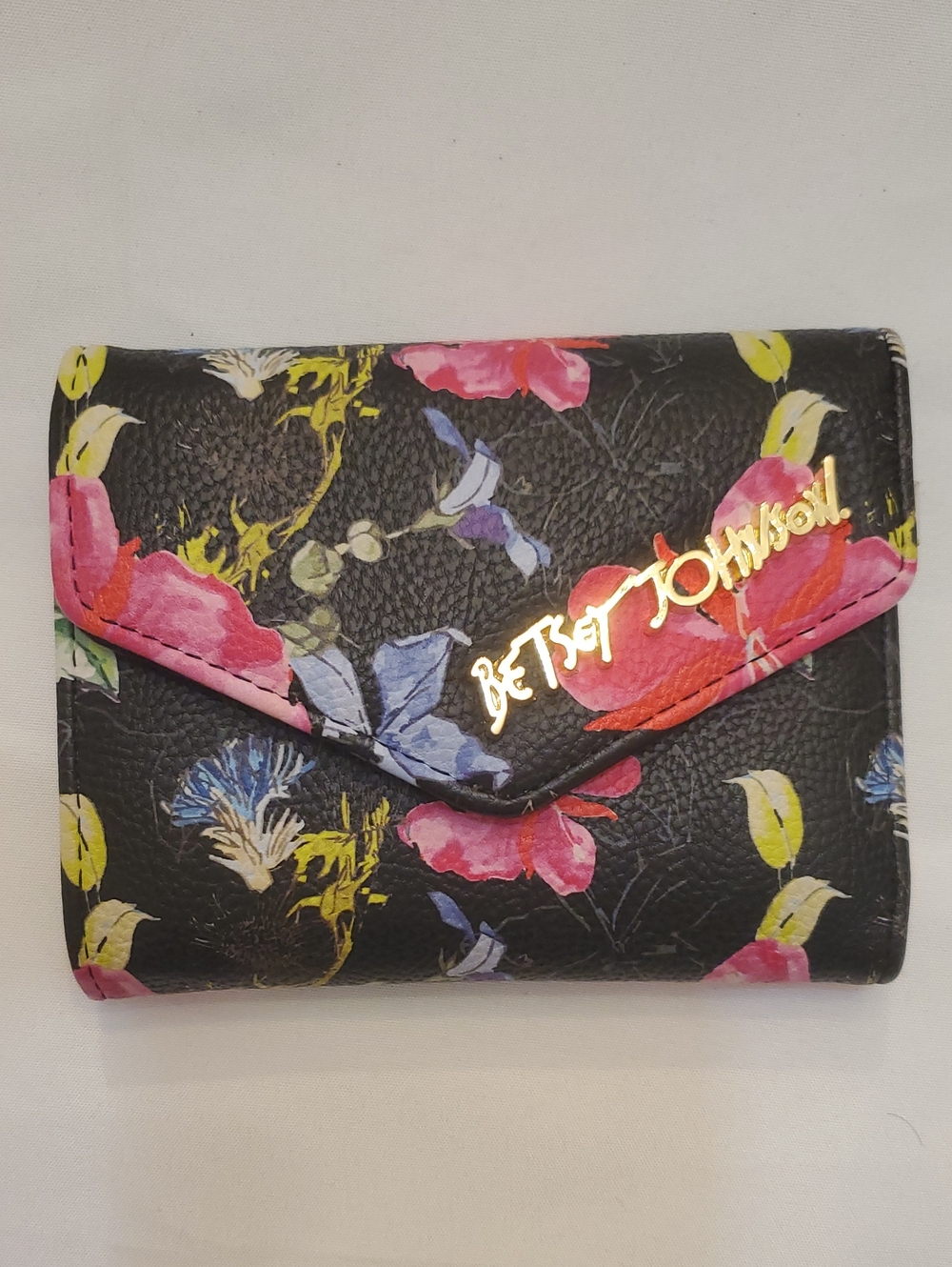 Betsey Johnson Black Floral Envelope Wallet with Pink & Yellow Accents